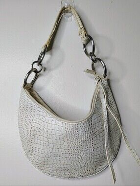 White Croc Embossed Hobo Shoulder Bag Silver Ring Hardware Crescent Purse